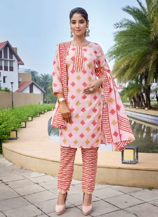 Print Work Blended Cotton Pant Style Suit In Pink Color