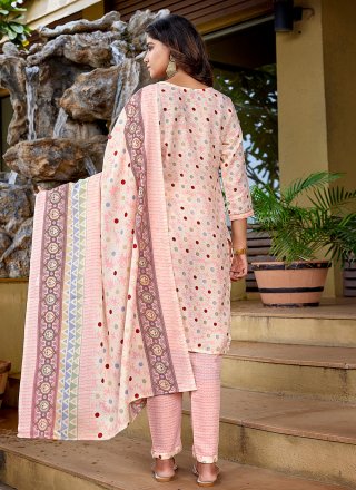 Print Work Blended Cotton Pant Style Suit In Pink Color