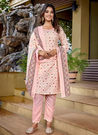 Print Work Blended Cotton Pant Style Suit In Pink Color