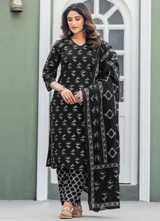 Print Work Blended Cotton Readymade Salwar Suit In Black for Casual