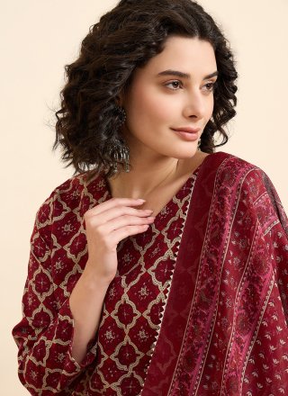 Print Work Chanderi Salwar Suit In Burgundy
