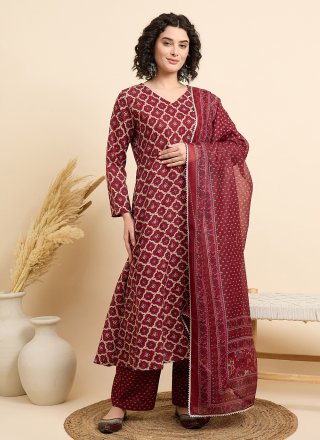 Print Work Chanderi Salwar Suit In Burgundy