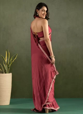 Print Work Chiffon Trendy Saree In Maroon Color