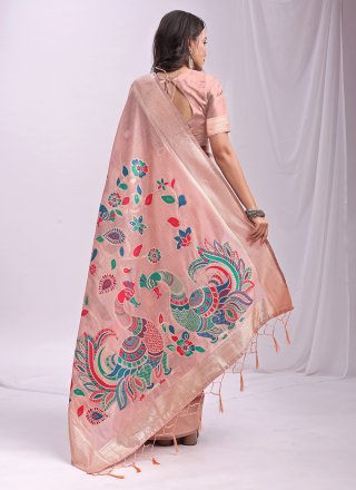 Print Work Cotton Classic Saree In Peach Color