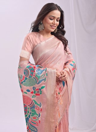 Print Work Cotton Classic Saree In Peach Color