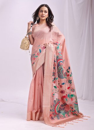 Print Work Cotton Classic Saree In Peach Color