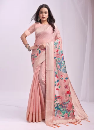 Print Work Cotton Classic Saree In Peach Color