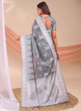 Print Work Cotton Classic Sari In Grey Color