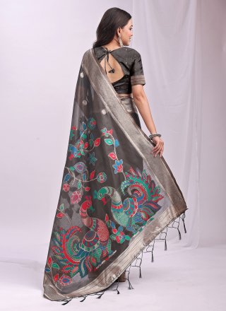Print Work Cotton Classic Sari In Grey Color