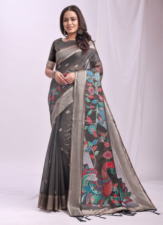 Print Work Cotton Classic Sari In Grey Color