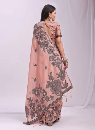 Print Work Cotton Classic Sari In Peach Color