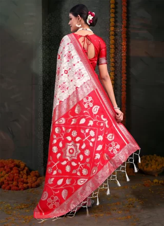Print Work Cotton Contemporary Saree In Red and White