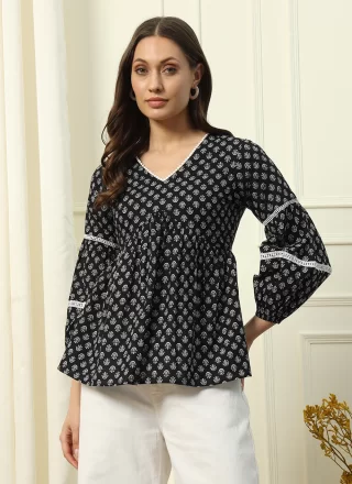 Print Work Cotton Designer Kurti In Black