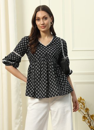 Print Work Cotton Designer Kurti In Black