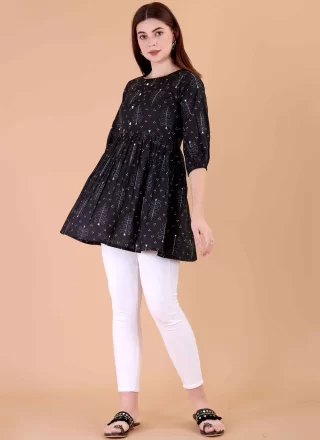 Print Work Cotton Designer Kurti In Black for Casual