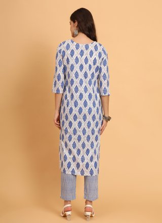 Print Work Cotton Designer Kurti In Blue Colour