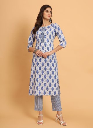 Print Work Cotton Designer Kurti In Blue Colour