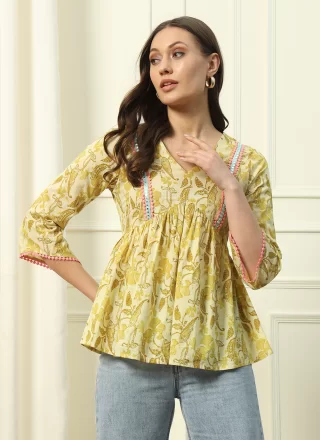 Print Work Cotton Designer Kurti In Yellow