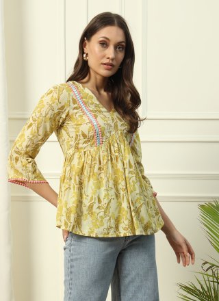 Print Work Cotton Designer Kurti In Yellow