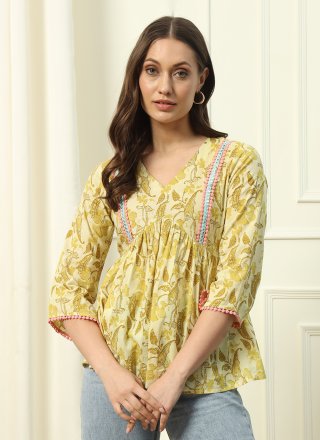 Print Work Cotton Designer Kurti In Yellow