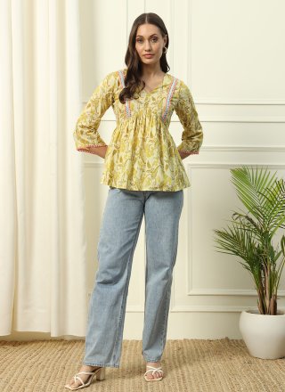 Print Work Cotton Designer Kurti In Yellow