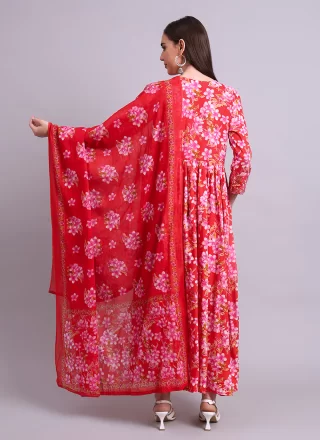 Print Work Cotton Floor Length Kurti In Red