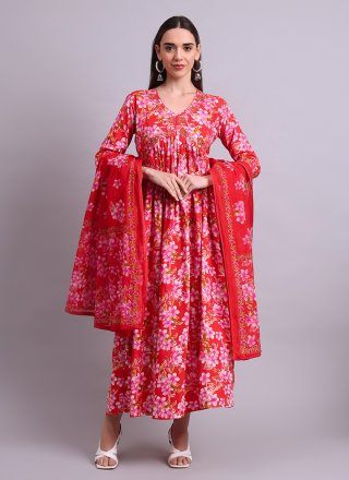 Print Work Cotton Floor Length Kurti In Red