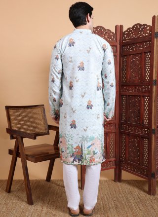 Print Work Cotton Kurta Mens Wear In Aqua Blue Color