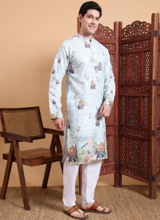 Print Work Cotton Kurta Mens Wear In Aqua Blue Color