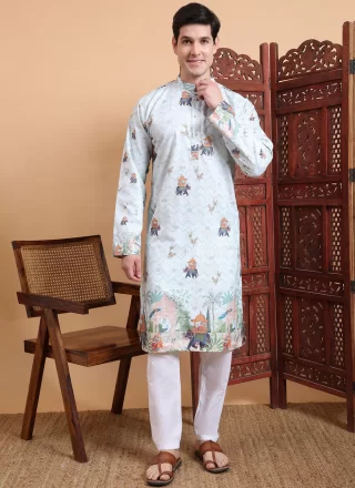 Print Work Cotton Kurta Mens Wear In Aqua Blue Color