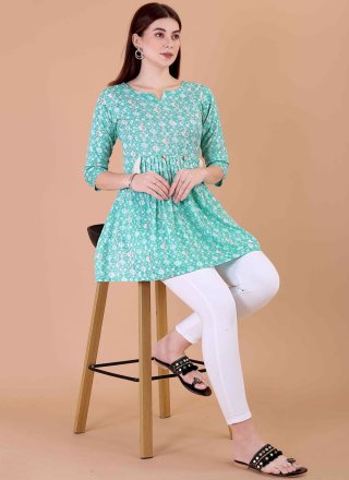 Print Work Cotton Party Wear Kurti In Aqua Blue