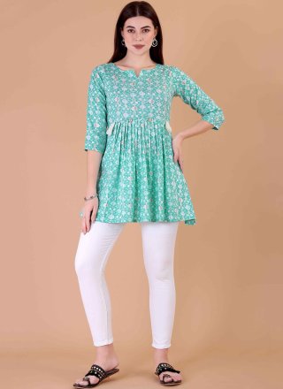 Print Work Cotton Party Wear Kurti In Aqua Blue