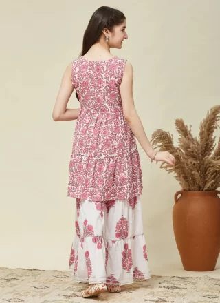 Print Work Cotton Readymade Salwar Suit In Pink for Casual