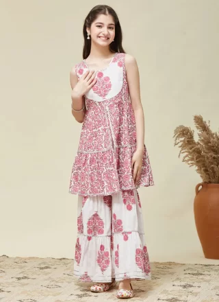 Print Work Cotton Readymade Salwar Suit In Pink for Casual