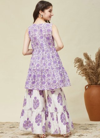 Print Work Cotton Readymade Salwar Suit In Purple