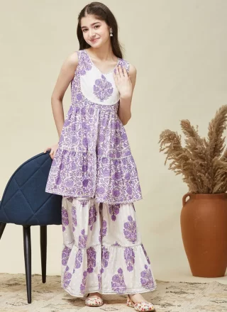 Print Work Cotton Readymade Salwar Suit In Purple