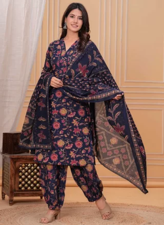 Print Work Cotton Salwar Suit In Blue Colour