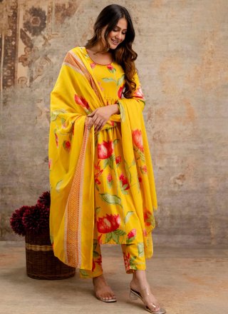 Print Work Cotton Salwar Suit In Yellow for Ceremonial