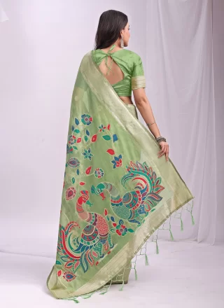 Print Work Cotton Trendy Saree In Green Color