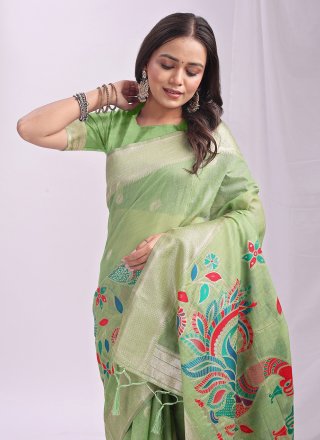 Print Work Cotton Trendy Saree In Green Color