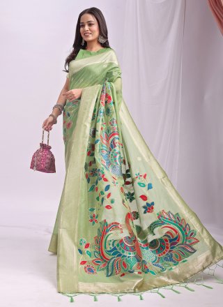 Print Work Cotton Trendy Saree In Green Color