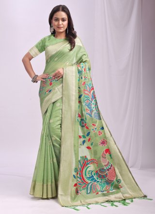Print Work Cotton Trendy Saree In Green Color