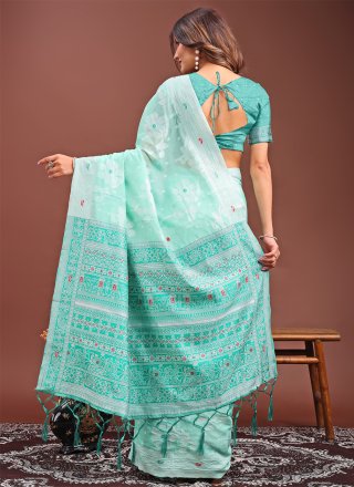 Print Work Cotton Trendy Saree In Sea Green Color