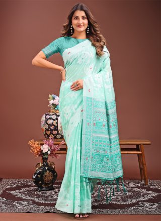 Print Work Cotton Trendy Saree In Sea Green Color