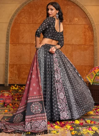 Print Work Faux Crepe Lehenga Choli In Black Colour