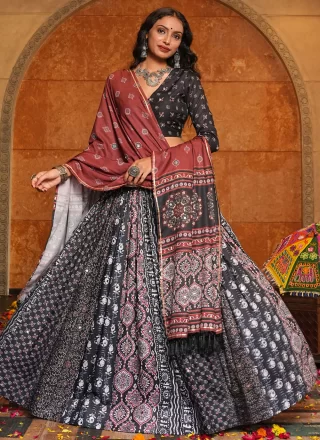 Print Work Faux Crepe Lehenga Choli In Black Colour