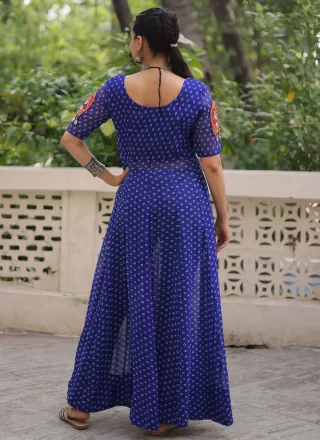 Print Work Faux Georgette Casual Kurti In Blue Color