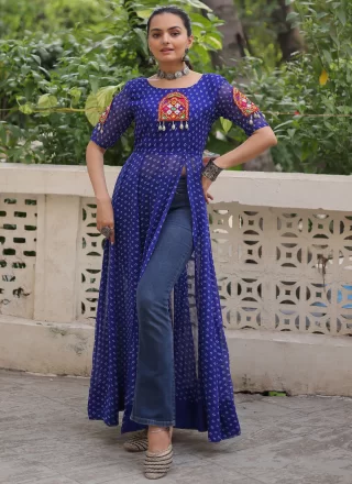Print Work Faux Georgette Casual Kurti In Blue Color