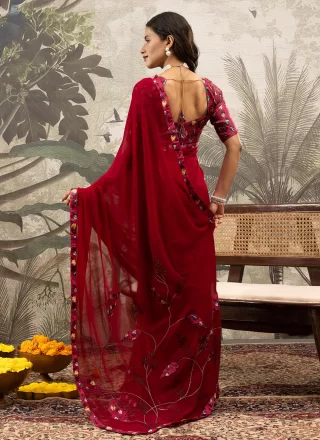Print Work Georgette Casual Sari In Maroon for Casual