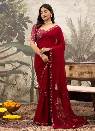 Print Work Georgette Casual Sari In Maroon for Casual